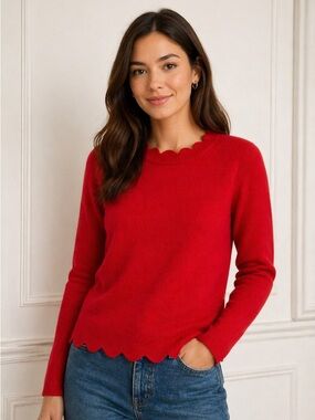 Aqua Cashmere Red Cashmere Sweater with Scalloped Hem and Collar